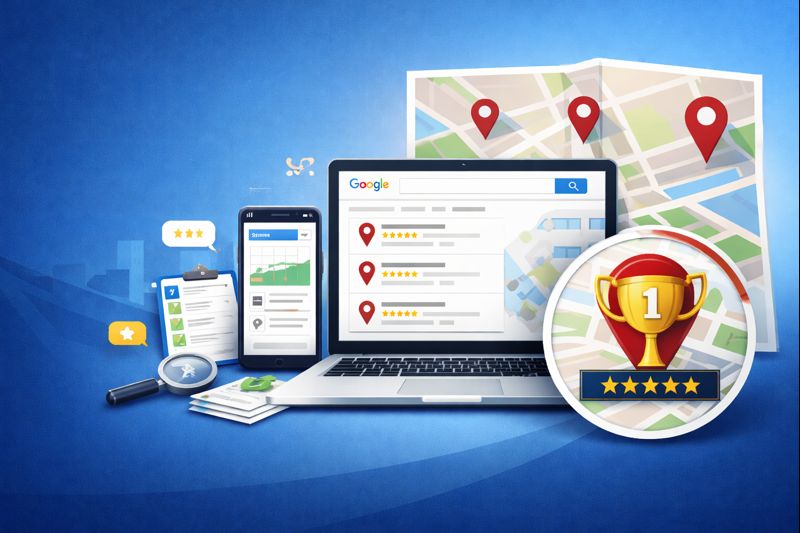 Local SEO agency banner showing Google Maps rankings, GBP optimization and local business visibility.